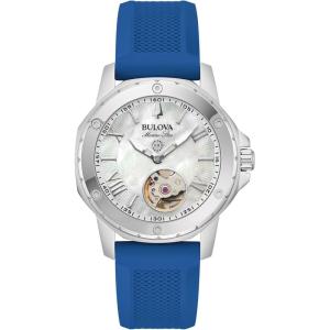 Bulova Ladies’ Marine Star Automatic Stainless Steel Case and Blue Silicone Strap, Mother of Pear Dial Style:96l324