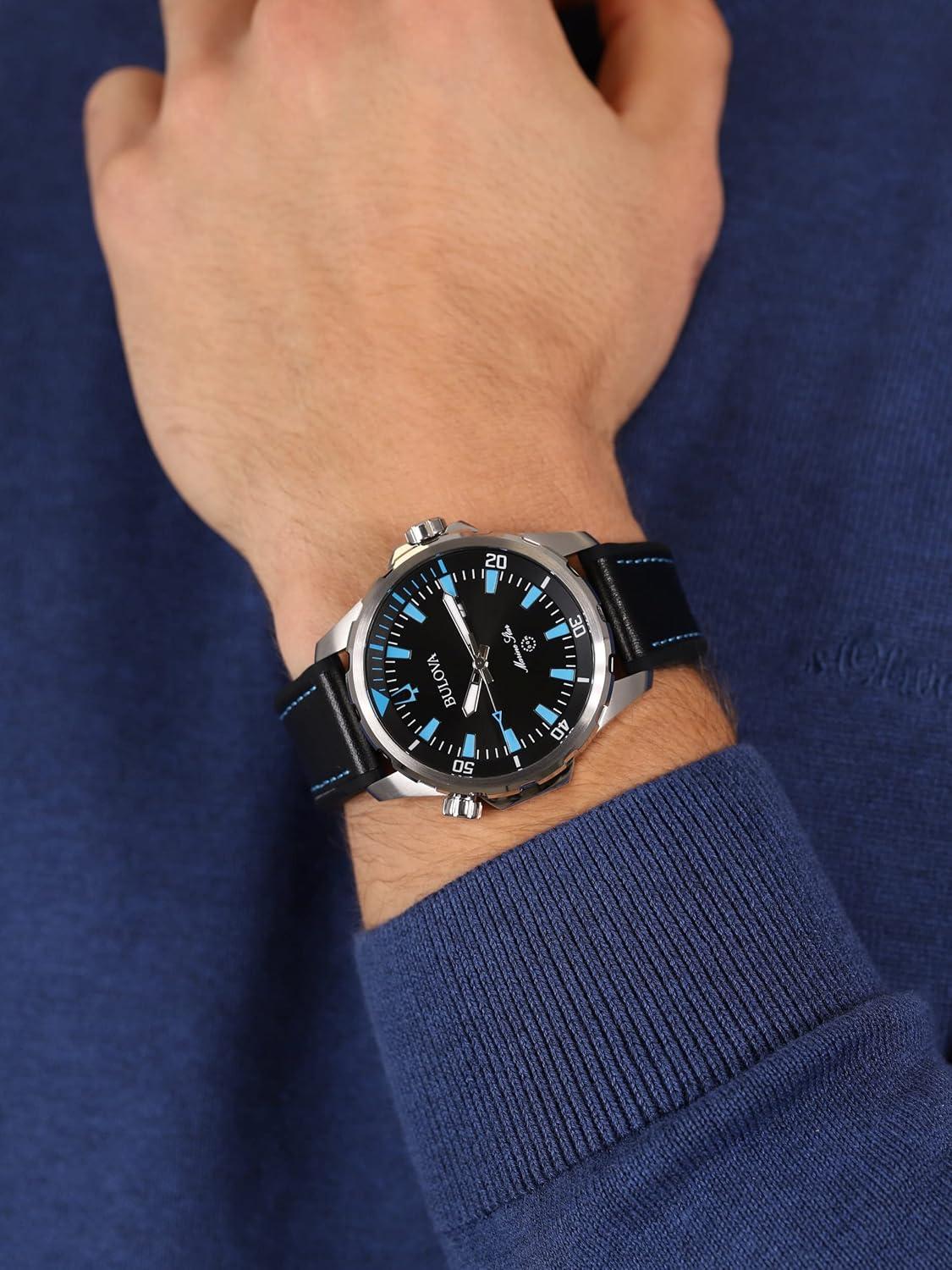 imageBulova Marine Star Quartz Mens Watch Stainless Steel with Black Leather and Silicone Strap SilverTone Model 96B337
