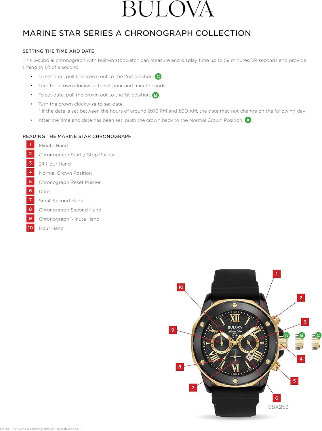 imageBulova Mens Marine Star Series A Black and Gold IonPlated Stainless Steel 6Hand Chronograph Quartz Watch Black Silicone Strap Style 98B307