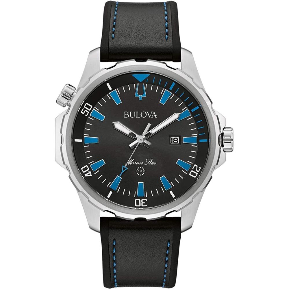 imageBulova Marine Star Quartz Mens Watch Stainless Steel with Black Leather and Silicone Strap SilverTone Model 96B337