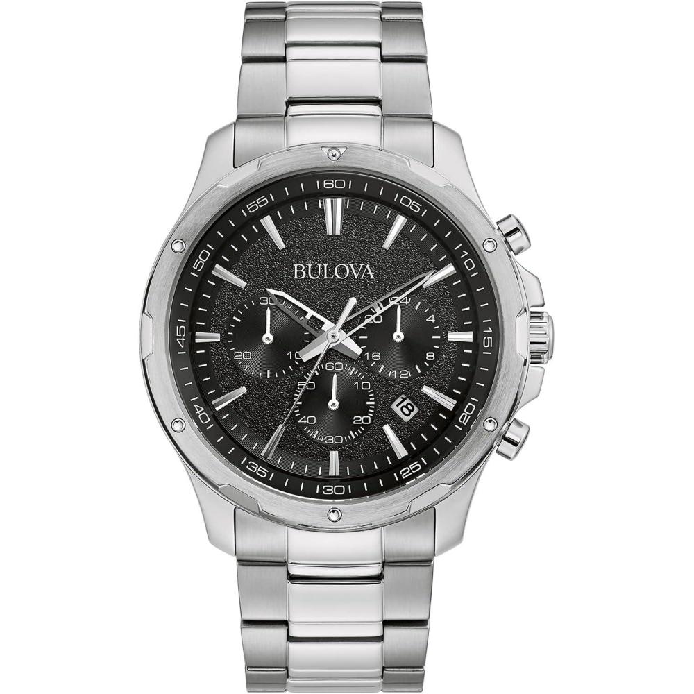 imageBulova Mens Classic Stainless Steel SixHand Chronograph Quartz Watch Black Dial 43mm Style 96B336