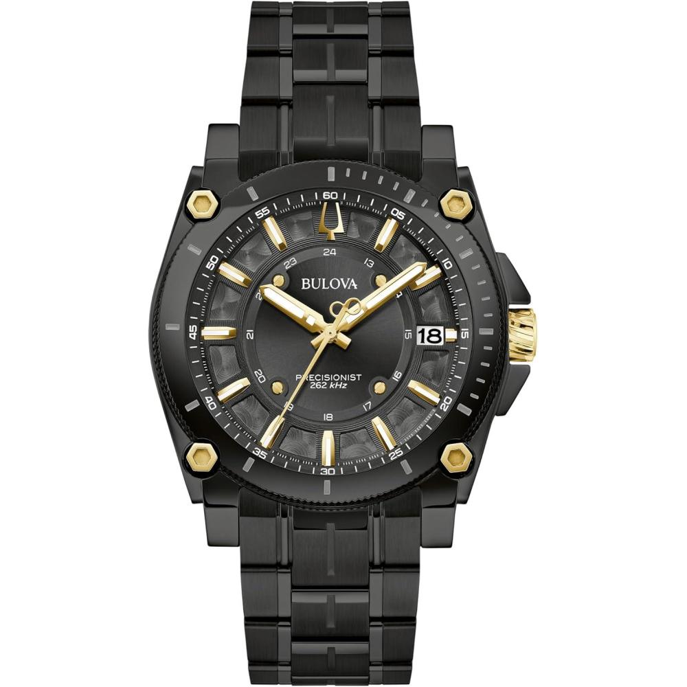 imageBulova Mens Icon High Performance Quartz Black Ion Plated Stainless Steel Watch 3Hand Chronograph Curved Black Dial Sapphire Crystal Style 98B408
