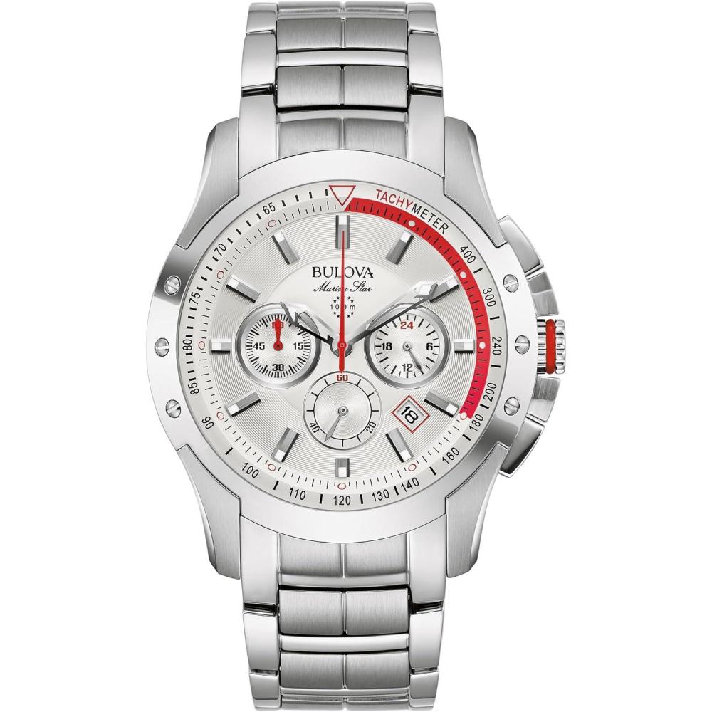 imageBulova Mens Marine Star 6 Hand Chronograph Quartz Stainless Steel Watch Silver White Dial Model96B383
