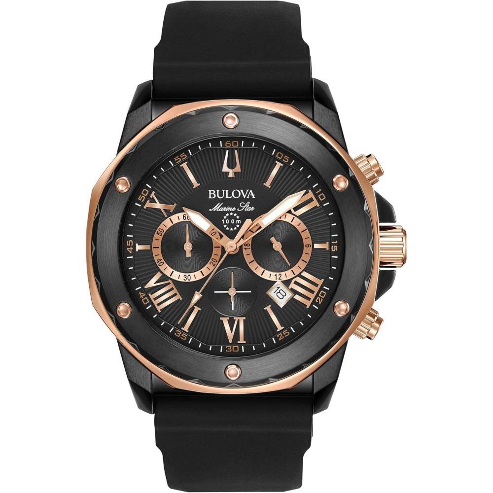 imageBulova Mens Marine Star Series A Black and Gold IonPlated Stainless Steel 6Hand Chronograph Quartz Watch Black Silicone Strap Style 98B307