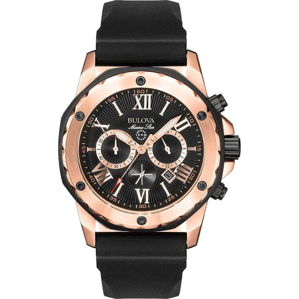 imageBulova Mens Marine Star Series A Rose Gold Stainless Steel 6Hand Chronograph Quartz Watch Black Silicone Strap Style 98B104