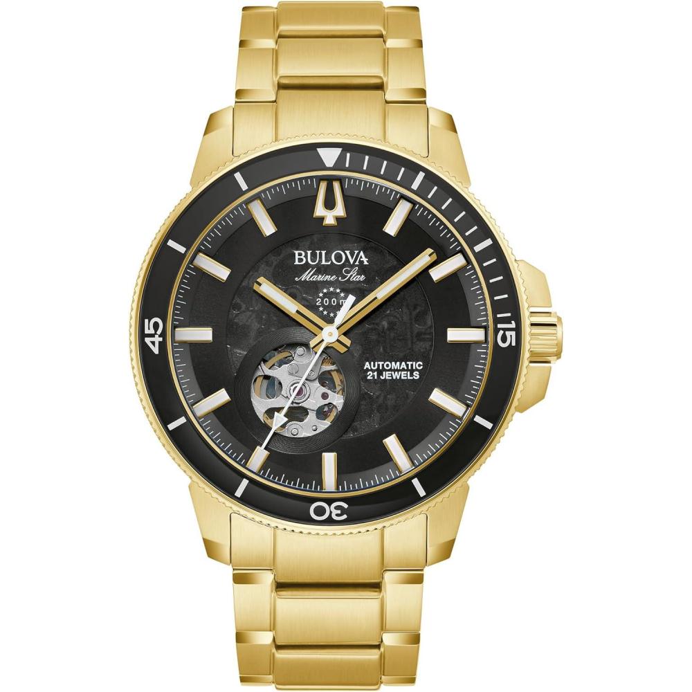 imageBulova Mens Marine Star Series C Automatic Stainless Steel 3Hand Watch Exhibition Case Rotating BezelGold Tone