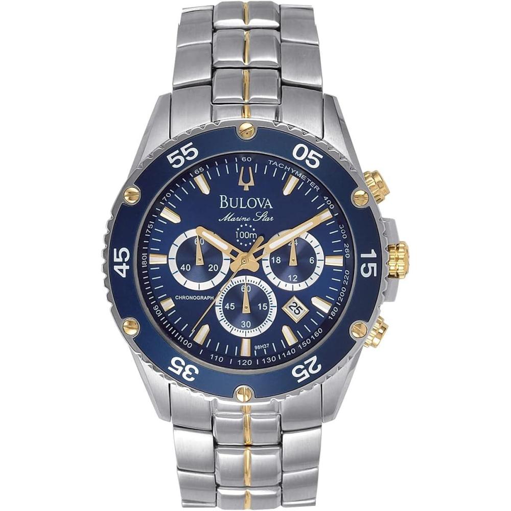 imageBulova Mens Marine Star TwoTone Stainless Steel Chronograph Quartz Watch Blue Dial Style 98H37