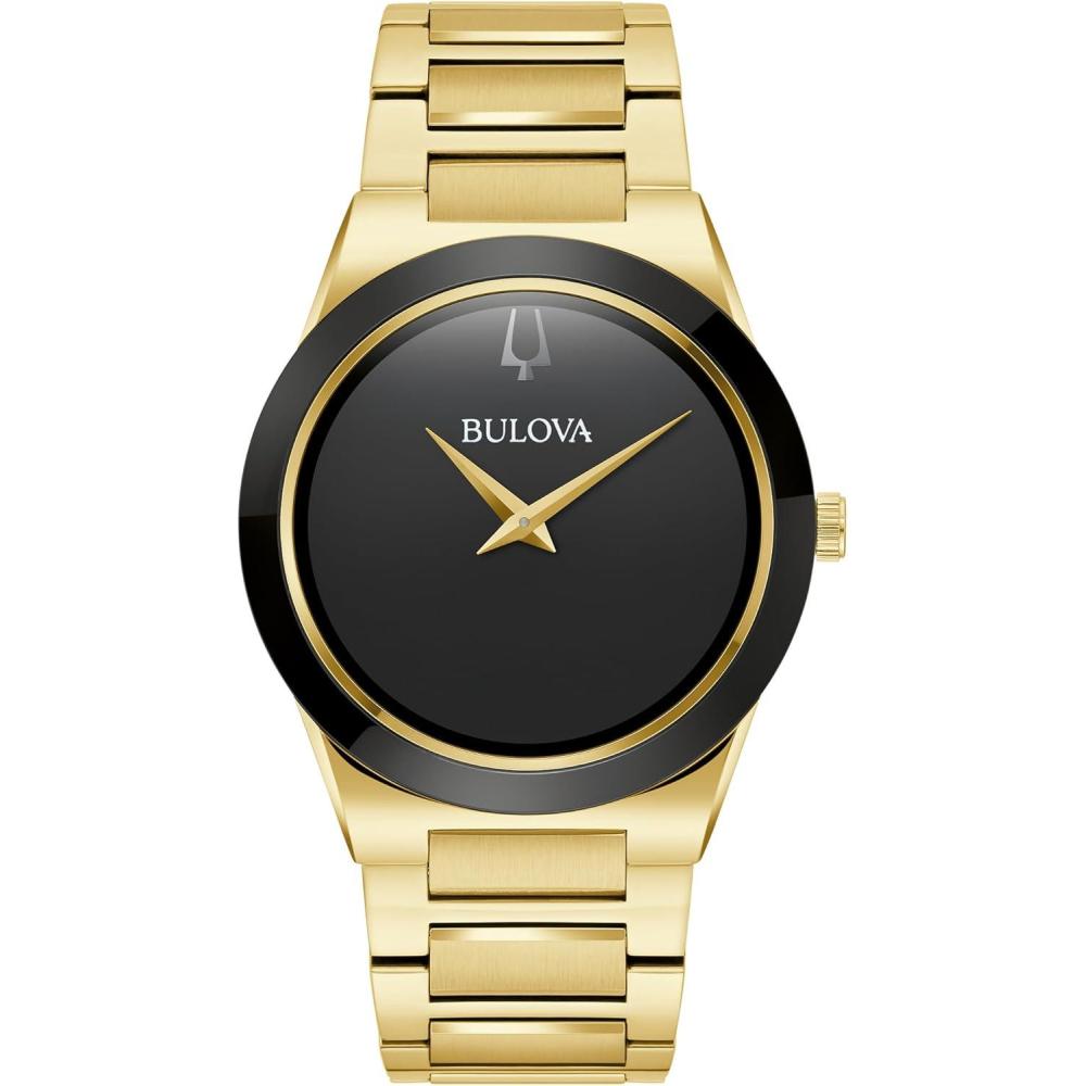 imageBulova Mens Modern Millenia Gold Stainless Steel 2Hand Quartz Watch Black Dial Style 97a183