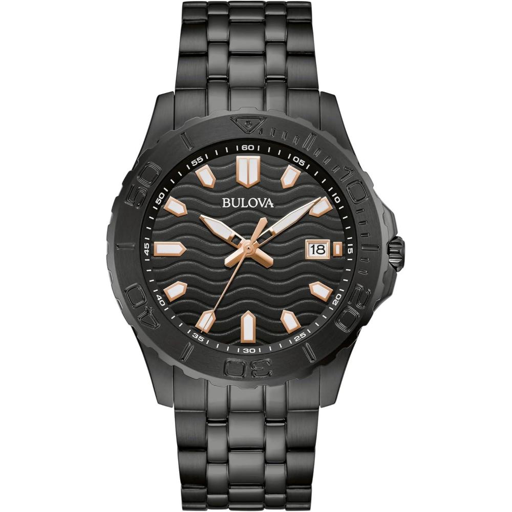 imageBulova Mens Sport Watch Black Stainless Steel Bracelet Rose Gold Accents Luminous Markers Black Dial 42mm Case Style 98B438