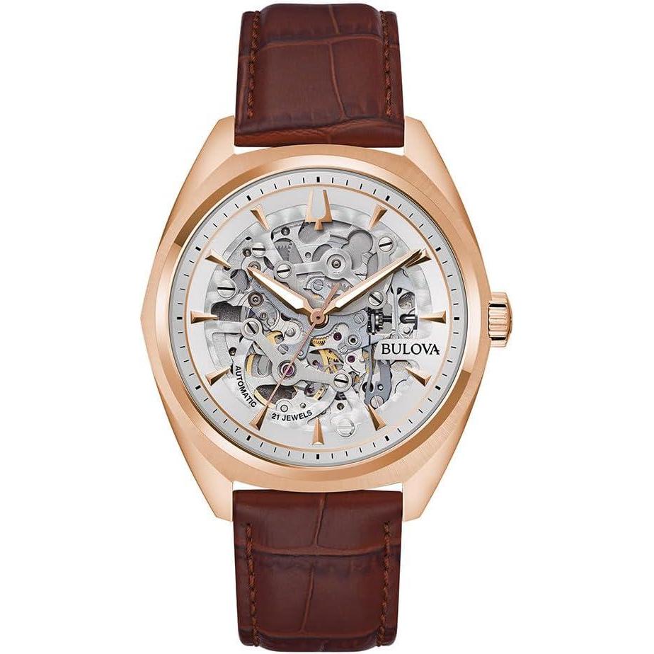 imageBulova Mens Automatic Dress Classic Surveyor Watch Black Leather Strap Full Skeleton Dial 42 Hour Power Reserve 41mmBrown StrapRose Gold