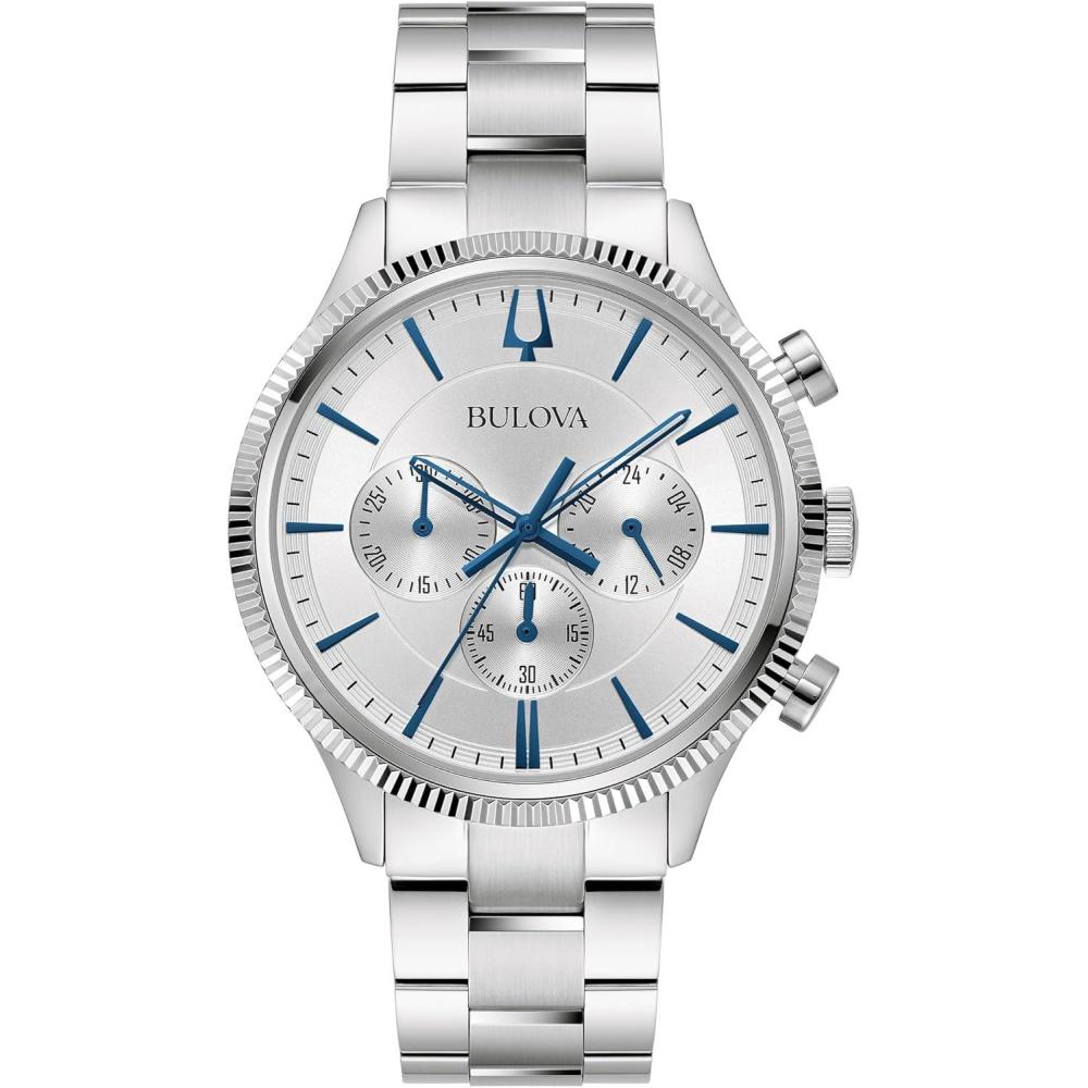 imageBulova Mens Classic 6Hand Chronograph Quartz Silver Stainless Steel Watch 24 Hour Time Luminous Hands 43mm Style96A321