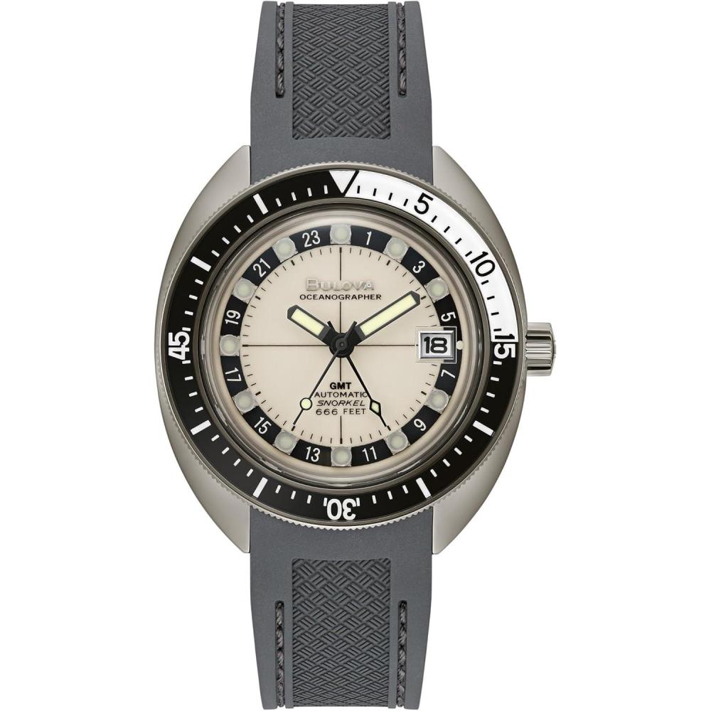 imageBulova Mens Oceanographer Snorkel GMT Automatic Grey Ion Plated Stainless Steel Case Watch Black and White Unidirectional Rotating Bezel Gray Silicone Strap White Dial Style98B407