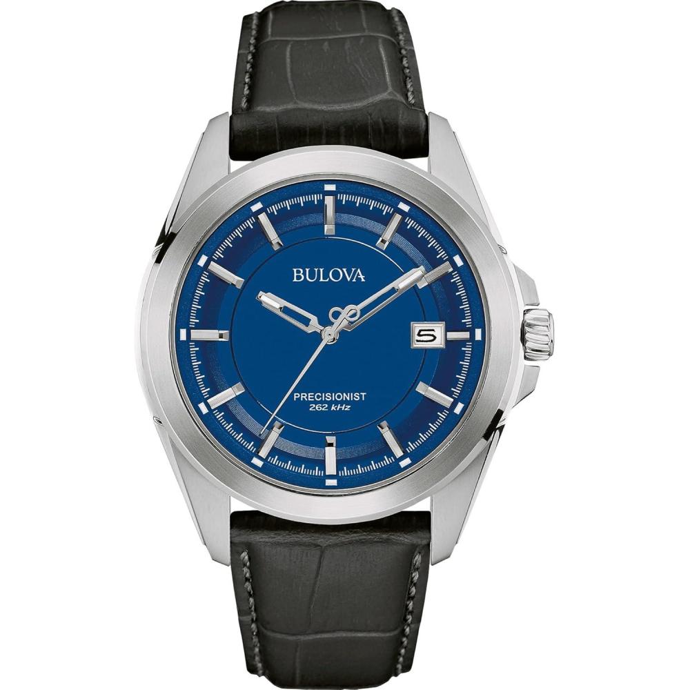 imageBulova Mens Precisionist 3Hand Calendar Stainless Steel with Black Leather Strap and Blue Dial Style 96B257