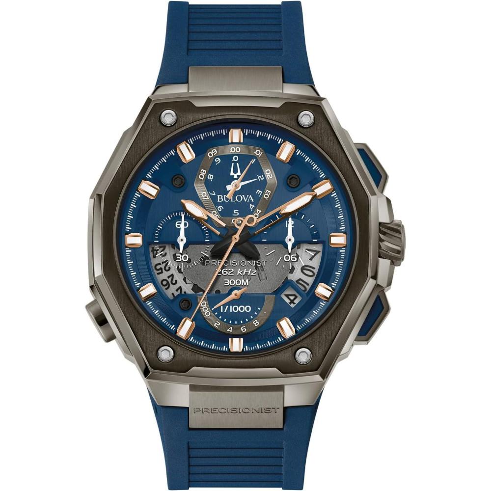 imageBulova Mens Series X High Precision Quartz Chronograph Watch Sapphire Crystal Continous Sweeping SecondhandGrey IonPlatedBlue Rubber Strap