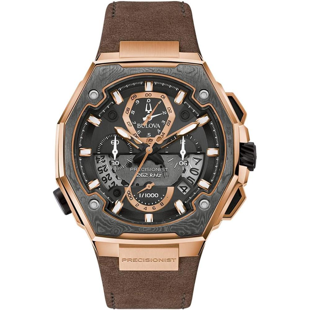 imageBulova Mens Series X High Precision Quartz Chronograph Watch Sapphire Crystal Continous Sweeping SecondhandRose GoldBrown Leather Strap