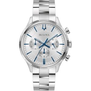 Bulova Men’s Classic 6-Hand Chronograph Quartz Silver Stainless Steel Watch, 24 Hour Time, Luminous Hands, 43mm, Style:96A321