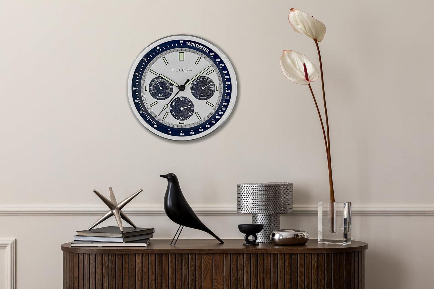 imageBulova Lunar Pilot Wall Clock C1971 Matte Silver Finish Temperature amp Hygrometer Display Silent Sweep Quartz Movement 1375Inch