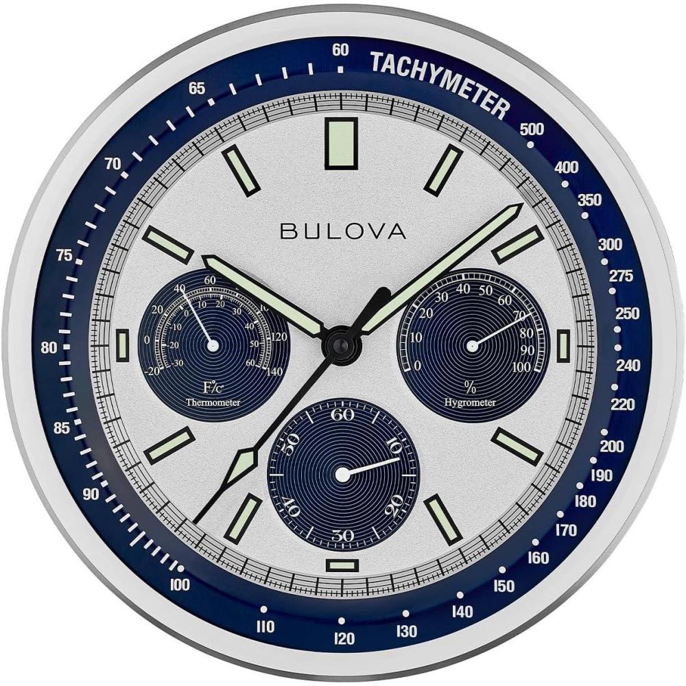 imageBulova Lunar Pilot Wall Clock C1971 Matte Silver Finish Temperature amp Hygrometer Display Silent Sweep Quartz Movement 1375Inch