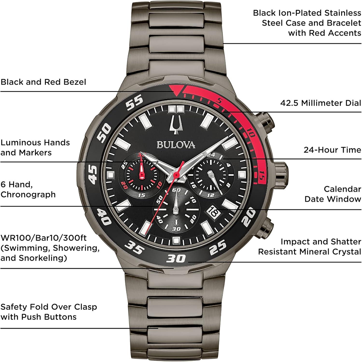 imageBulova Mens Classic Sport Black Ion Plated Stainless Steel 6 Hand Chronograph Quartz Watch 98B365