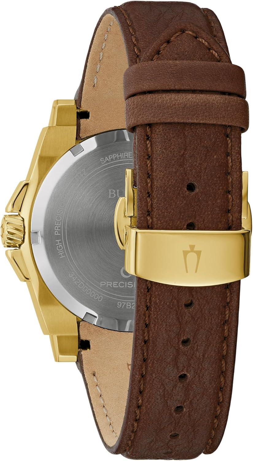 imageBulova Mens Icon High Precisionist Quartz Gold Tone Stainless Steel Case 3Hand Watch Leather Brown Strap Black Dial Style97B216