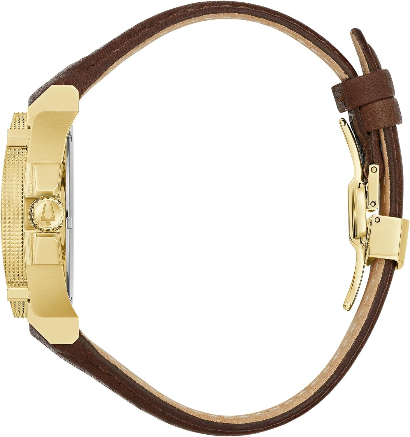 imageBulova Mens Icon High Precisionist Quartz Gold Tone Stainless Steel Case 3Hand Watch Leather Brown Strap Black Dial Style97B216