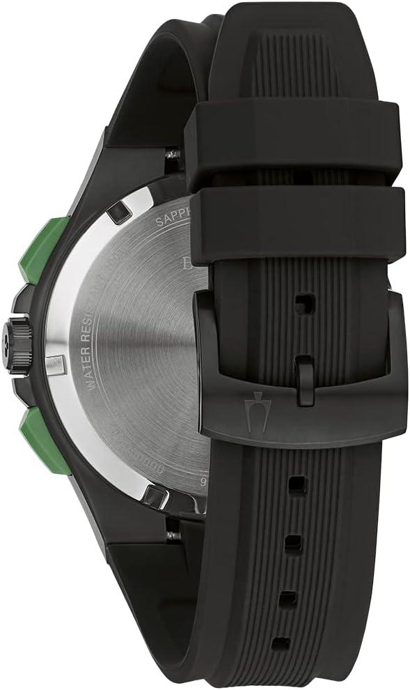 imageBulova Mens Maquina Sport Black IonPlated Stainless Steel Case 6Hand Chronograph Quartz Watch with Matte Black Silicone Strap Sapphire Crystal Black Strap Green Accents