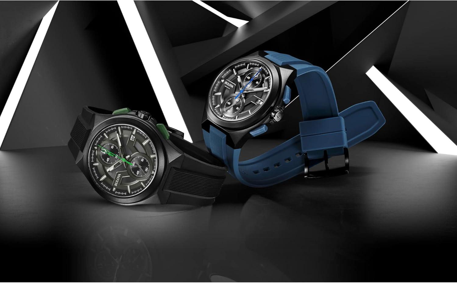 imageBulova Mens Maquina Sport Black IonPlated Stainless Steel Case 6Hand Chronograph Quartz Watch with Matte Black Silicone Strap Sapphire Crystal Black Strap Green Accents