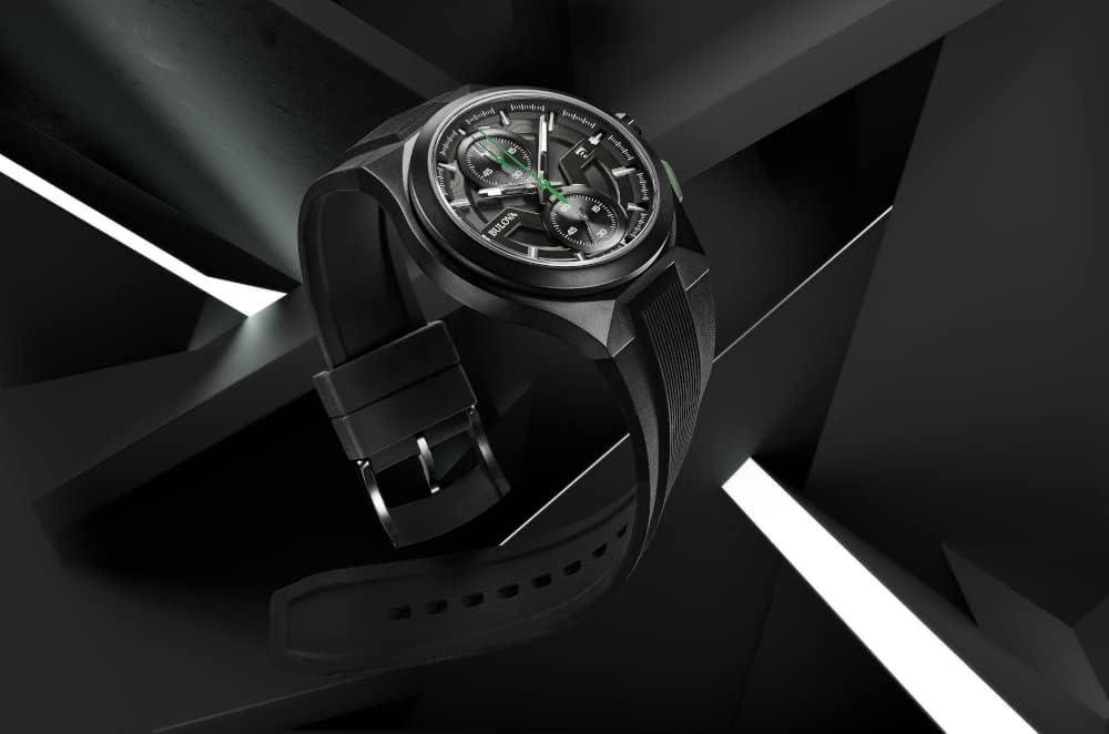 imageBulova Mens Maquina Sport Black IonPlated Stainless Steel Case 6Hand Chronograph Quartz Watch with Matte Black Silicone Strap Sapphire Crystal Black Strap Green Accents
