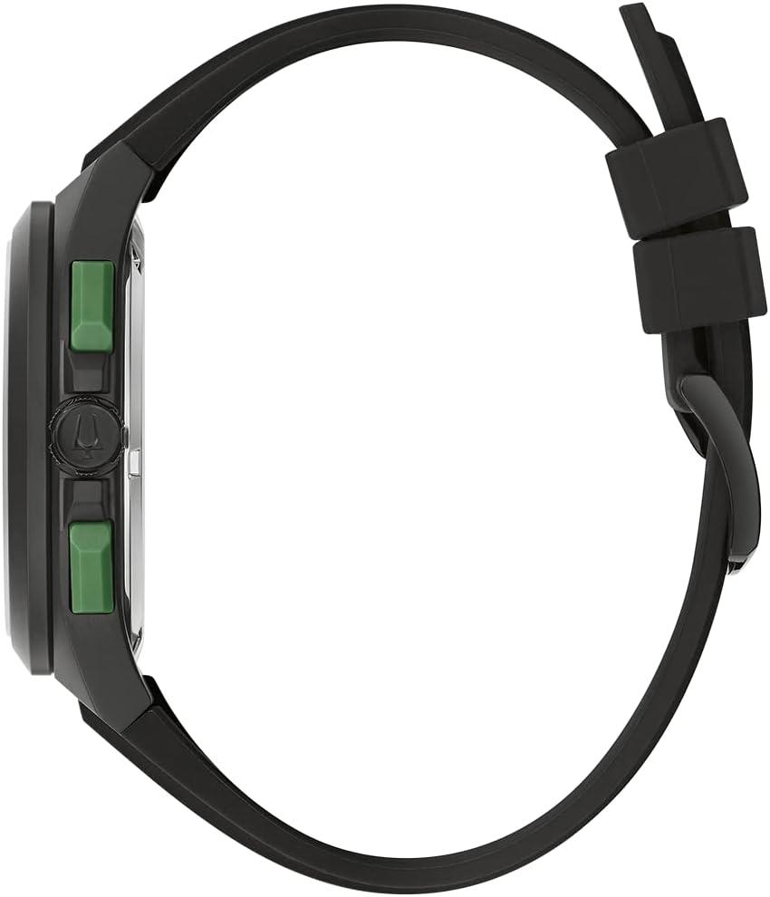 imageBulova Mens Maquina Sport Black IonPlated Stainless Steel Case 6Hand Chronograph Quartz Watch with Matte Black Silicone Strap Sapphire Crystal Black Strap Green Accents
