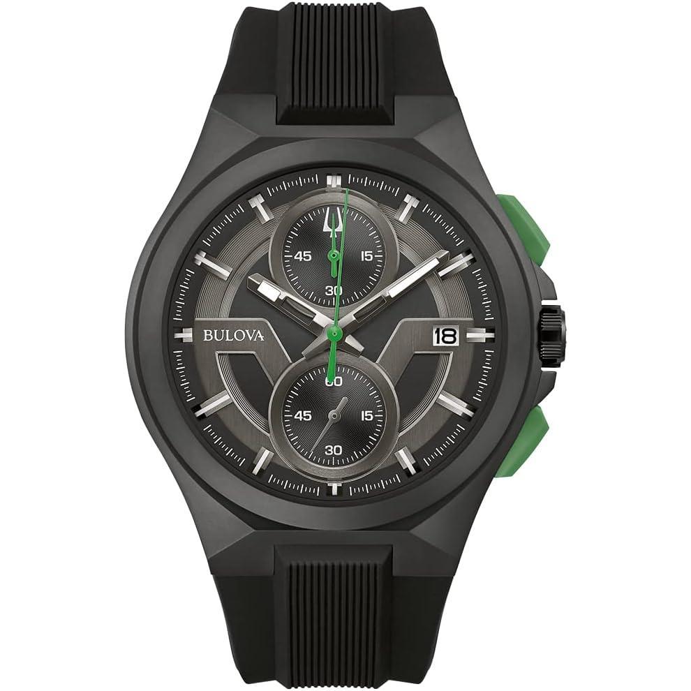 imageBulova Mens Maquina Sport Black IonPlated Stainless Steel Case 6Hand Chronograph Quartz Watch with Matte Black Silicone Strap Sapphire Crystal Black Strap Green Accents