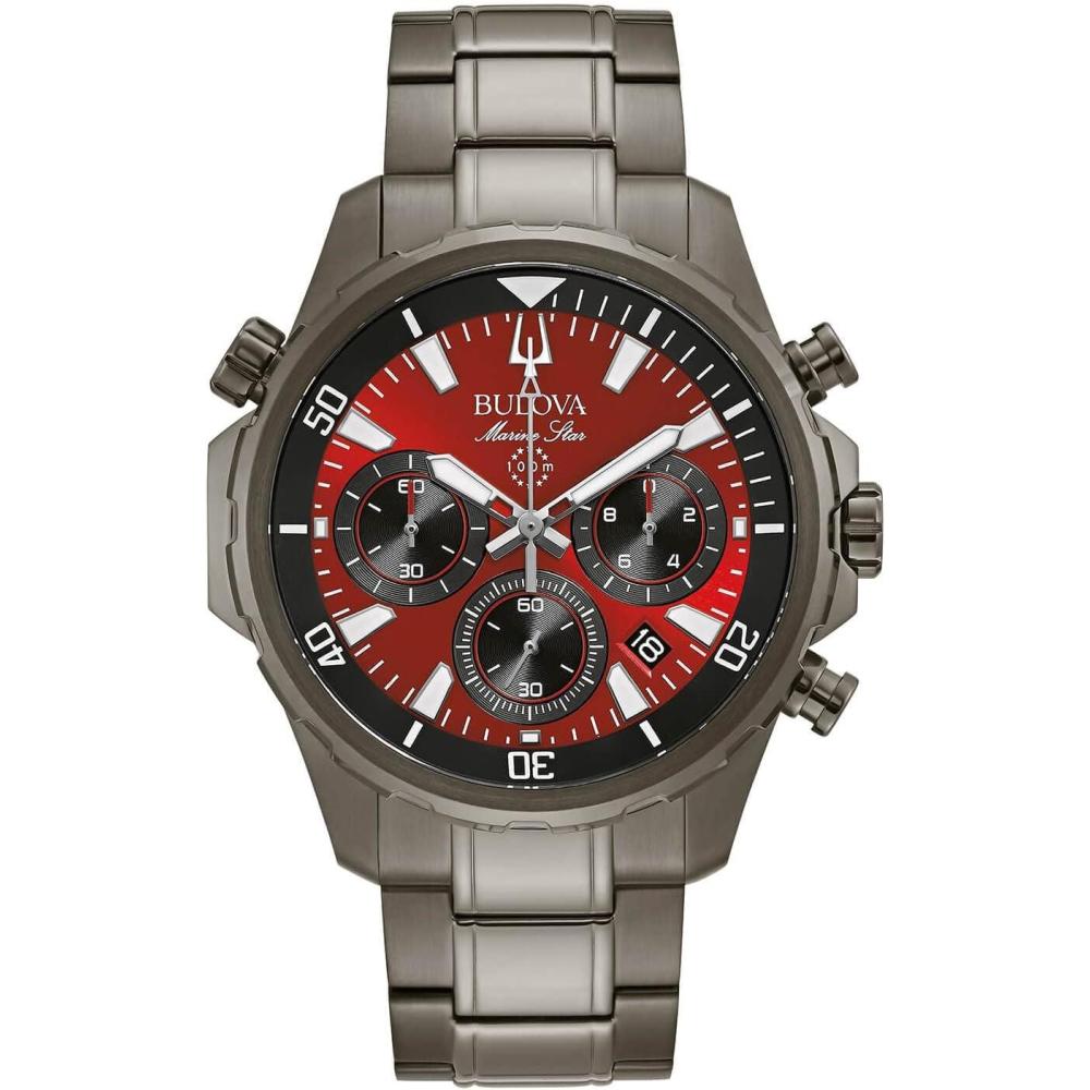 imageBulova Mens Marine Star Chronograph Watch 43mmGrey IonPlated Red Dial