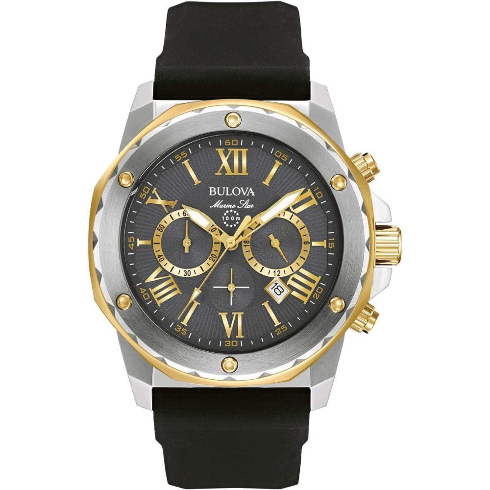 imageBulova Mens Marine Star Series A TwoTone Gold IonPlated Stainless Steel 6Hand Chronograph Quartz Watch Black Silicone Strap 44mm Style 98B277