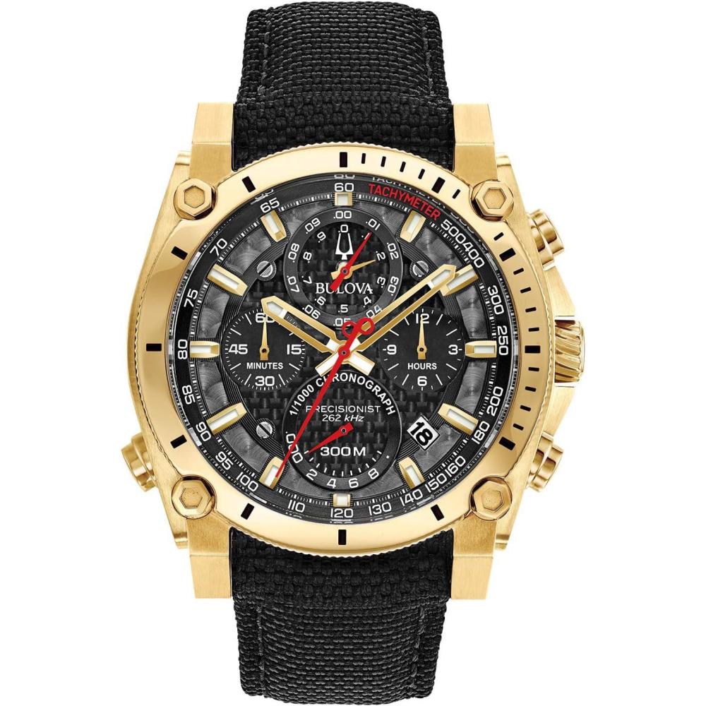 imageBulova Precisionist Chronograph Mens Watch Stainless Steel with Black Nylon Strap GoldTone Model 97B178