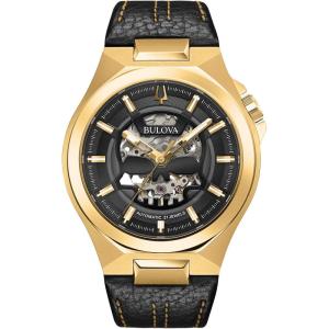 Bulova Maquina Automatic Men’s Leather Strap Watch(Gold Tone)