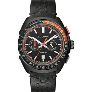 Bulova Men’s Racer Chronograph Watch Black Leather Perforated Strap, Black Dial, Luminous Markers, Orange Accents, Tachymeter 42mm (Style: 98B428)