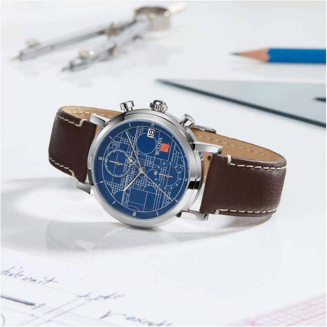 imageBulova Frank Lloyd Wright Coonley House 6Hand Chronograph Quartz Watch Brown Leather Strap Style 96B367