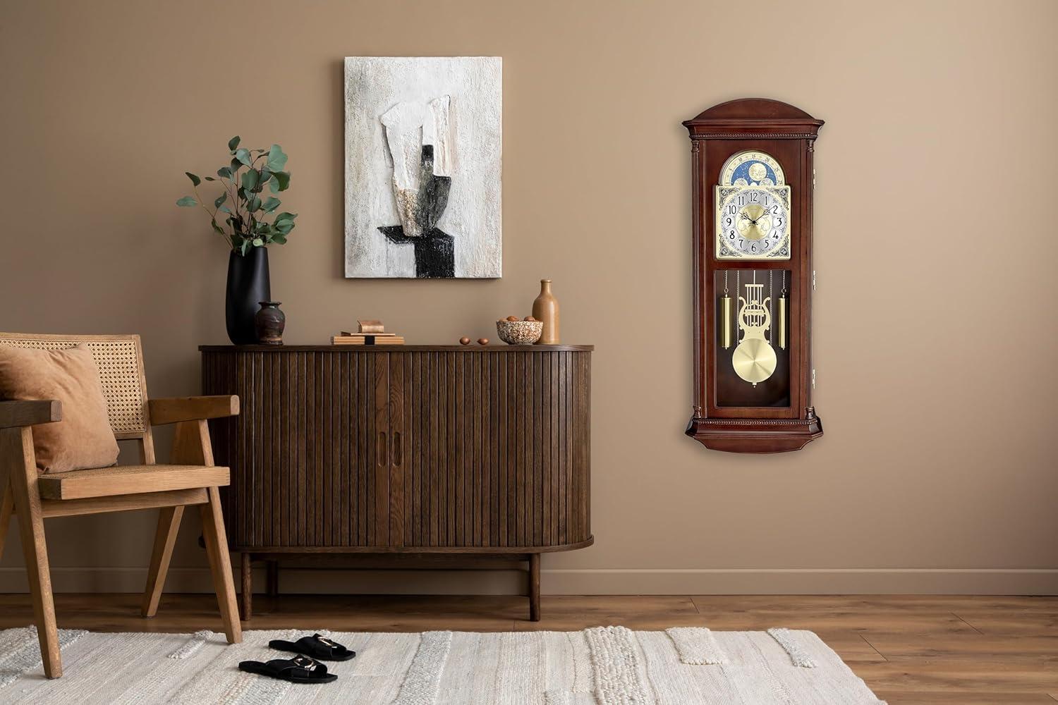 imageBulova Litchfield Large Regulator Wall Clock Model C4332 Classic Pendulum Design Harmonic Hourly Chime Brown Cherry Finish