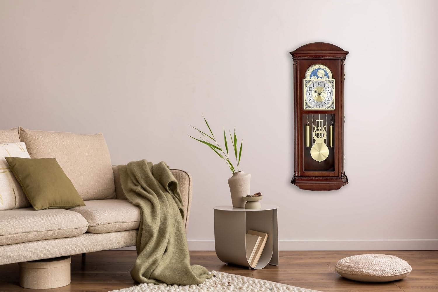 imageBulova Litchfield Large Regulator Wall Clock Model C4332 Classic Pendulum Design Harmonic Hourly Chime Brown Cherry Finish