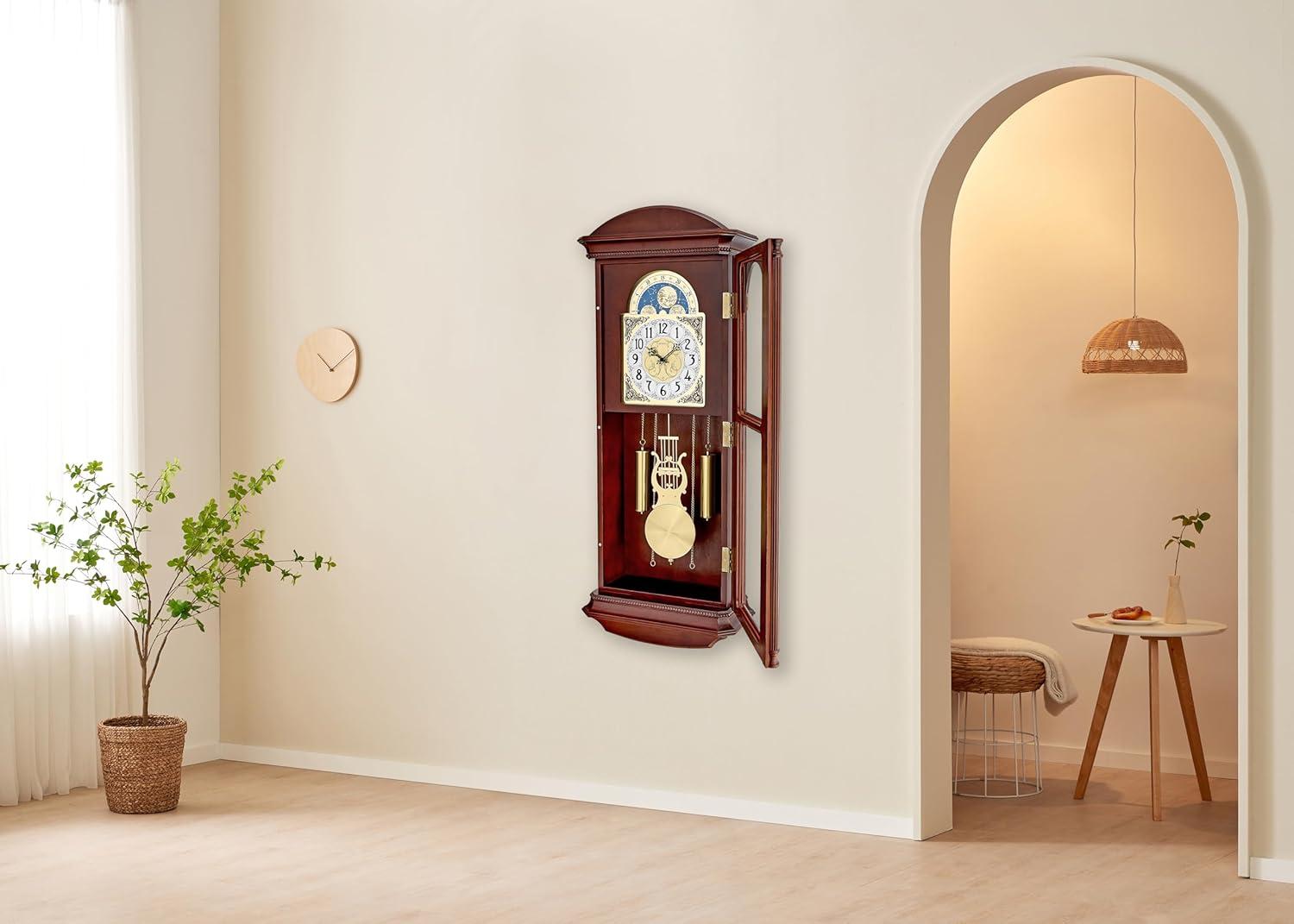 imageBulova Litchfield Large Regulator Wall Clock Model C4332 Classic Pendulum Design Harmonic Hourly Chime Brown Cherry Finish