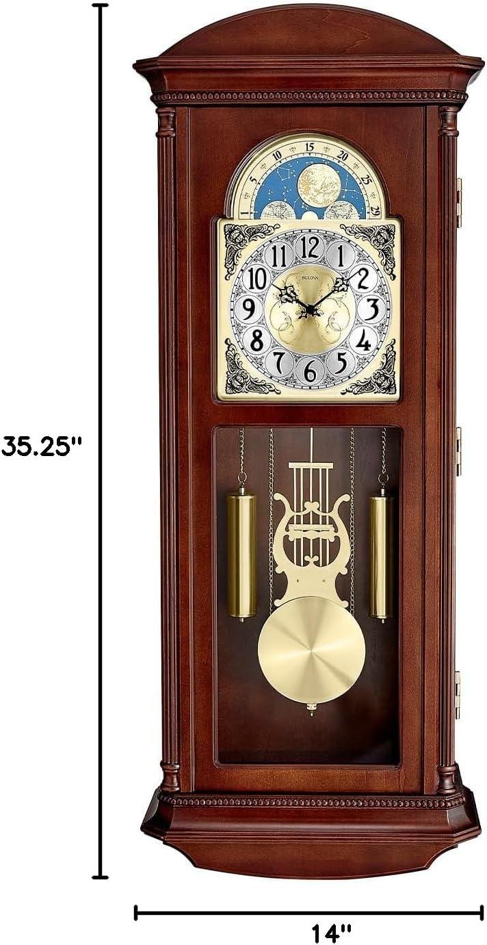 imageBulova Litchfield Large Regulator Wall Clock Model C4332 Classic Pendulum Design Harmonic Hourly Chime Brown Cherry Finish