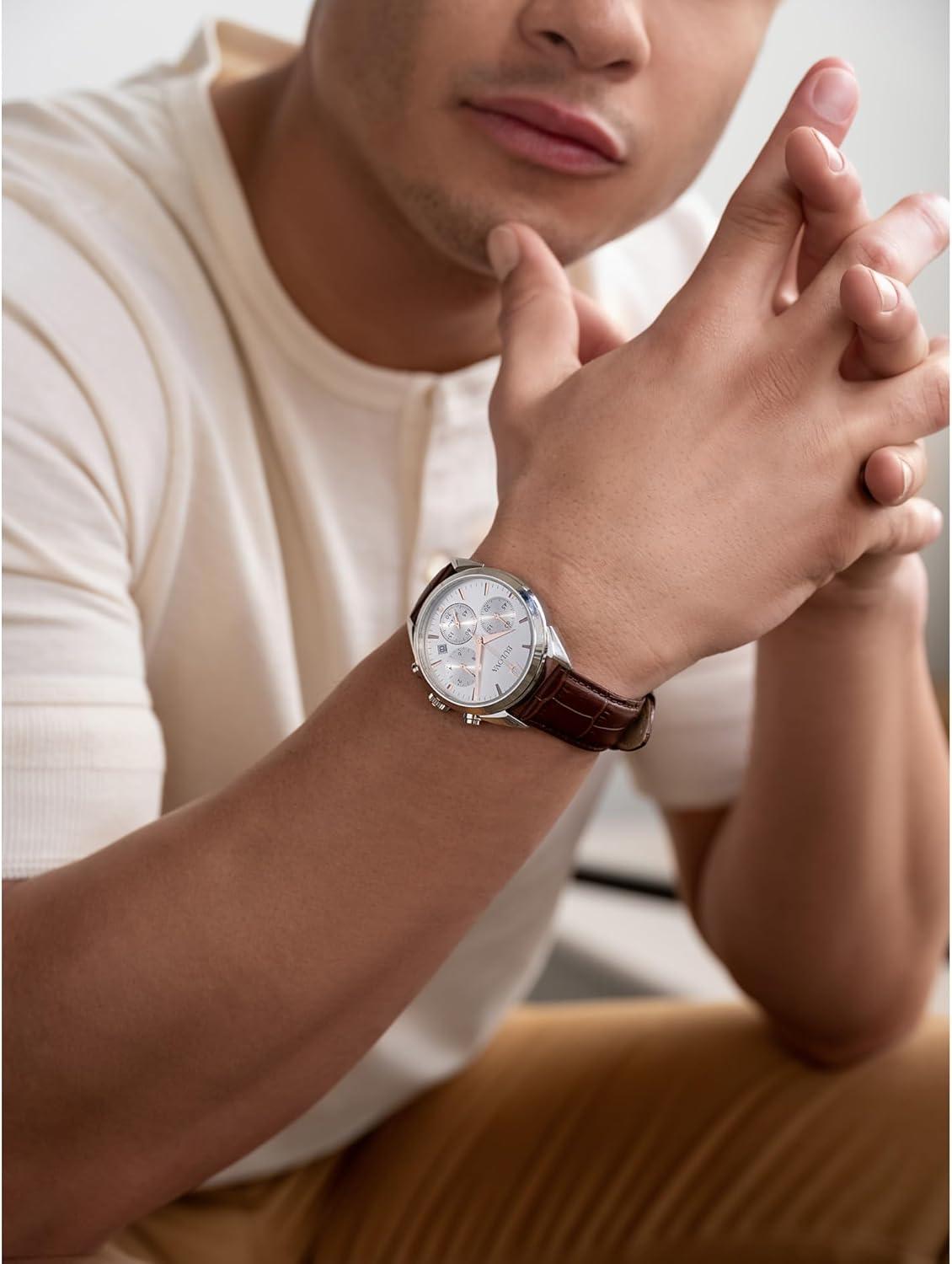 imageBulova Mens Classic Sutton 6Hand Chronograph High Performance Quartz Stainless Steel Case Watch with Brown Leather Strap SilverWhite Dial 415mm Style96B370