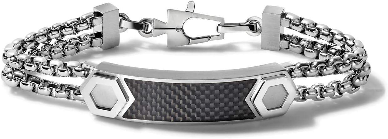 imageBulova Mens Precisionist Stainless Steel DoubleChain Link with Knurled Texture ID Plaque BraceletBlack Carbon Fiber