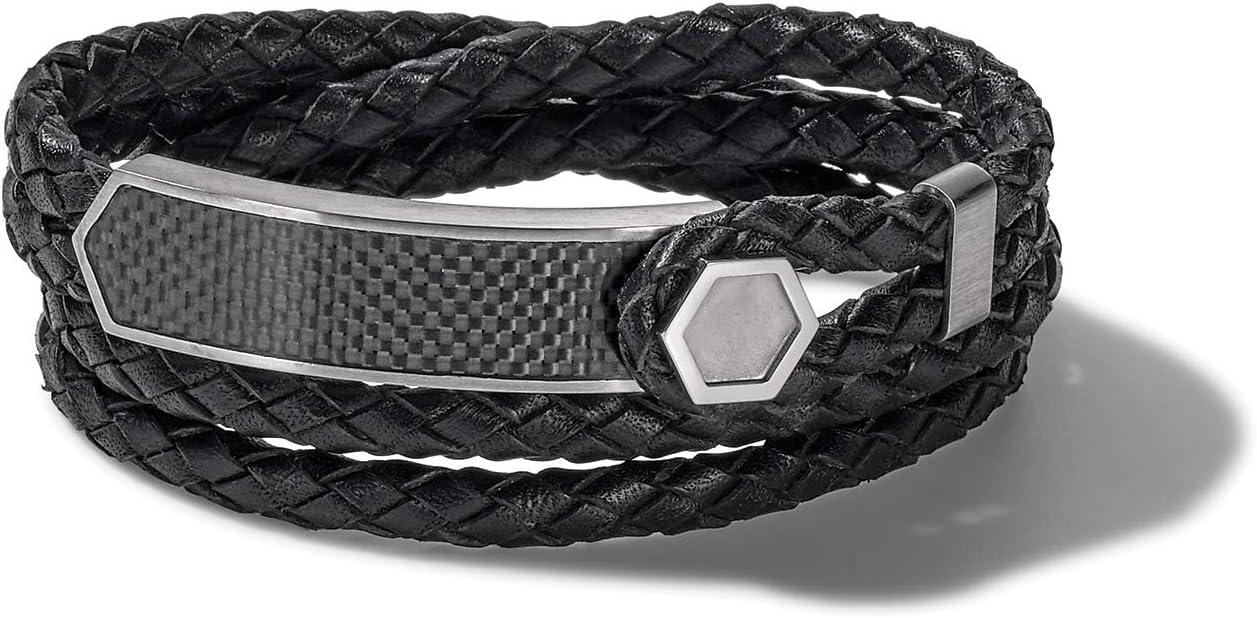 imageMens Precisionist Double Wrap Braided Leather Strap BraceletBlack Leather
