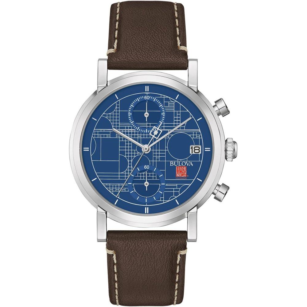 imageBulova Frank Lloyd Wright Coonley House 6Hand Chronograph Quartz Watch Brown Leather Strap Style 96B367