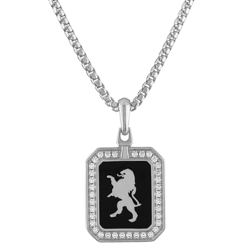 imageBulova Jewelry Mens Icon Crest of Bohemia Black Enamel Sterling Silver Pendant Accented with White Diamonds and Rounded Box Link Chain Necklace Length 2426 StyleBVP1014WSQ7
