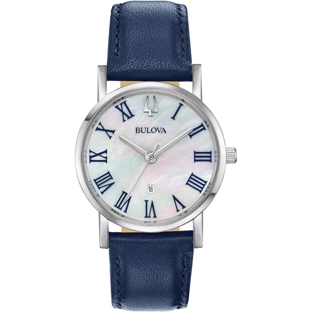 imageBulova Ladies Classic Stainless Steel 3Hand Date Quartz Slim Watch with Blue Leather Strap SilverTone 32mm Style 96M146
