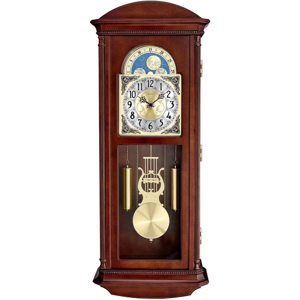 imageBulova Litchfield Large Regulator Wall Clock Model C4332 Classic Pendulum Design Harmonic Hourly Chime Brown Cherry Finish