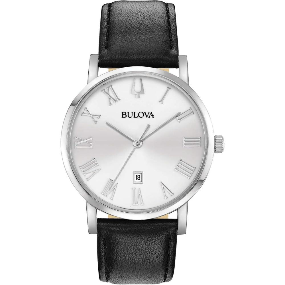 imageBulova Mens Classic 3Hand Calendar Date Quartz Leather Strap Watch Roman Numeral Markers 40mmBlack StrapStainless White Dial