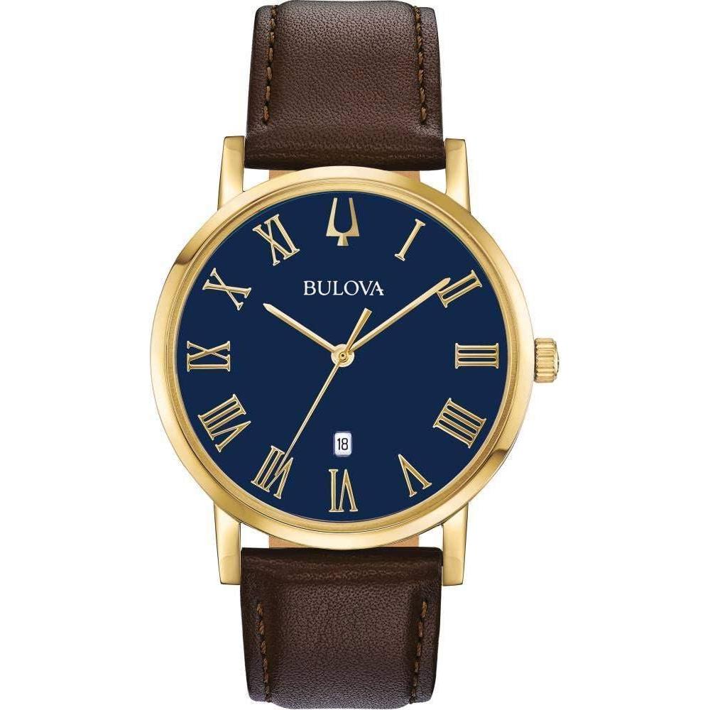 imageBulova Mens Classic 3Hand Calendar Date Quartz Leather Strap Watch Roman Numeral Markers 40mmBrown StrapGold Tone Blue Dial