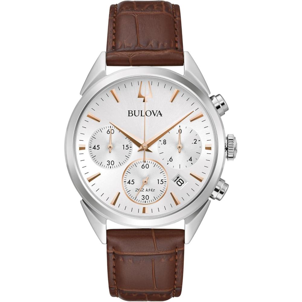 imageBulova Mens Classic Sutton 6Hand Chronograph High Performance Quartz Stainless Steel Case Watch with Brown Leather Strap SilverWhite Dial 415mm Style96B370